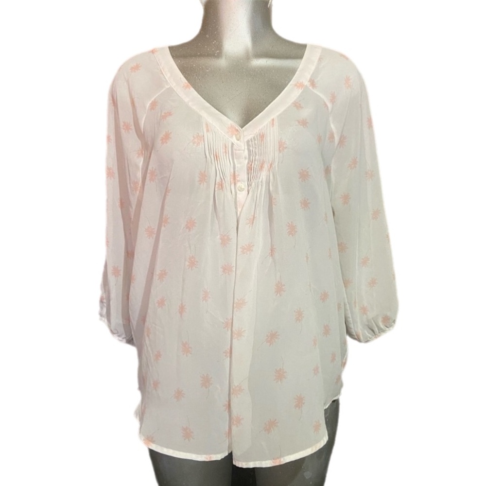 LC Lauren Conrad Blouse Top XL White/Pink Henley Shabby-Chic Peasant Angelcore